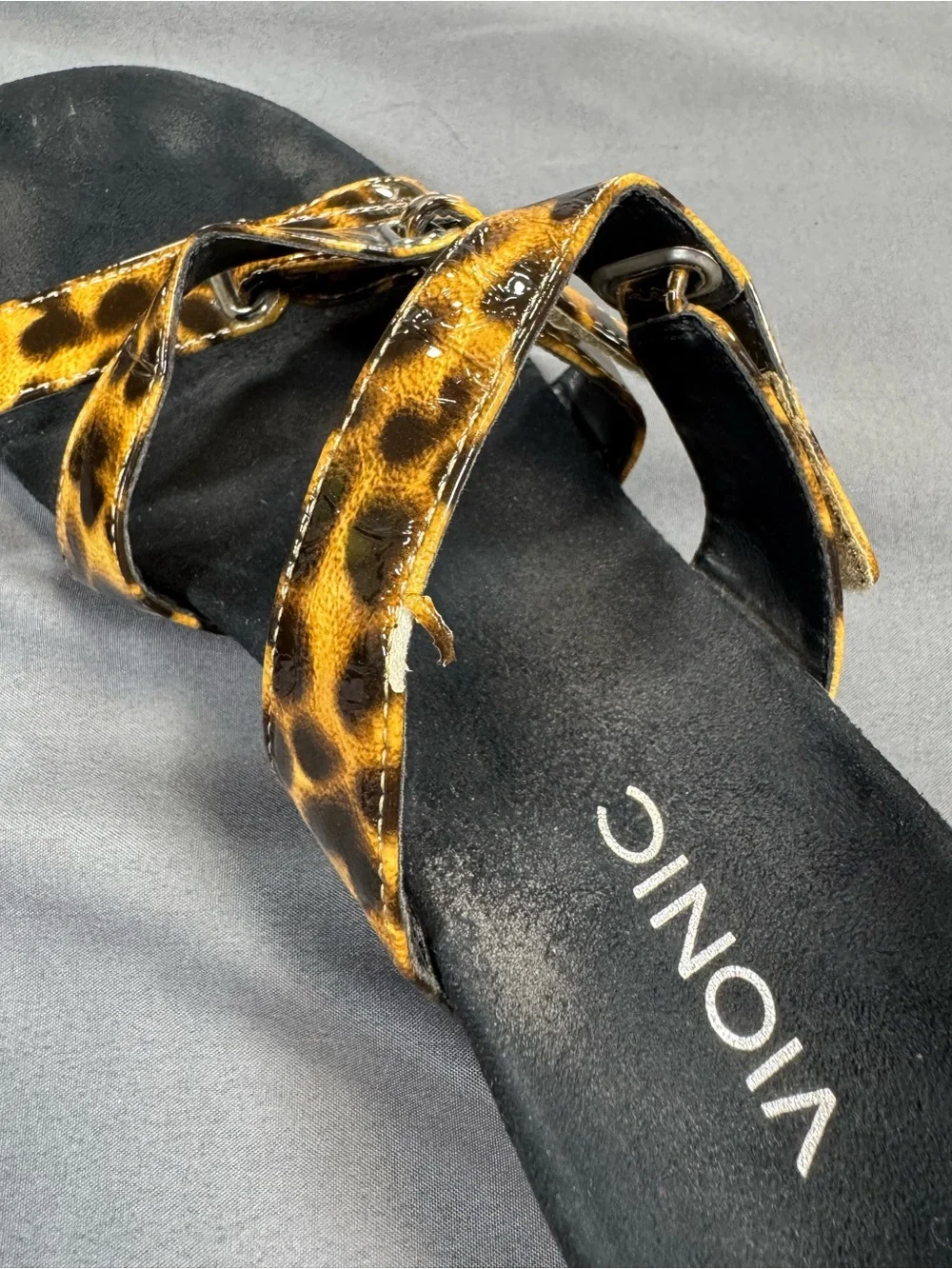 Vionic Leopard-Print Triple Buckle Wedge Slides - Black/Leopard